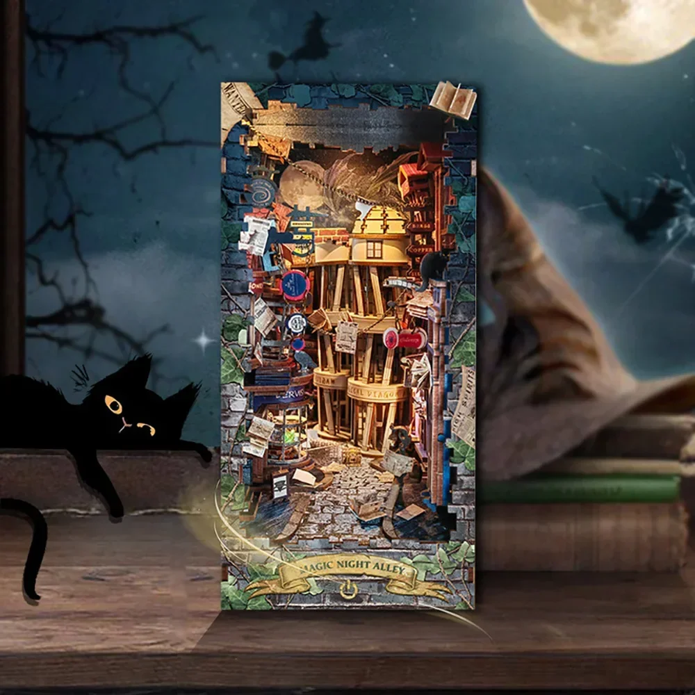 Retro diy magia noite alley li - Diy Wooden Book Nook Kit Shelf Insert avaliação e preço